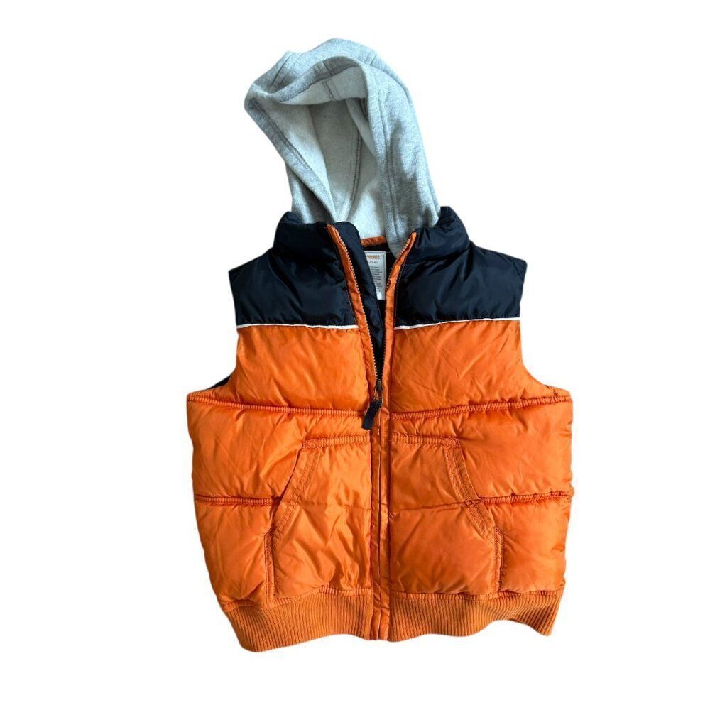 Gymboree Puffer Vest Boys Size Small 5 6 Orange Blue Gray Hooded Zip
